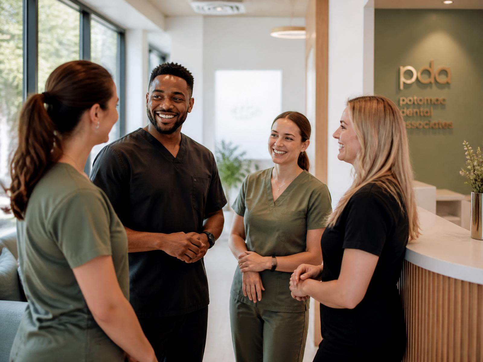Smiling dental team in a modern, sunlit practice